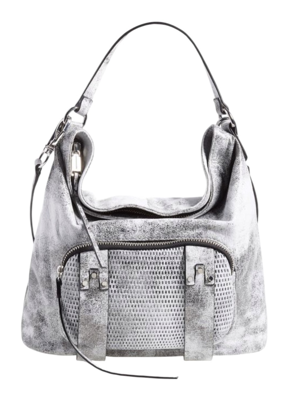 She + Lo gray silver metallic perforated leather hobo shoulder bag